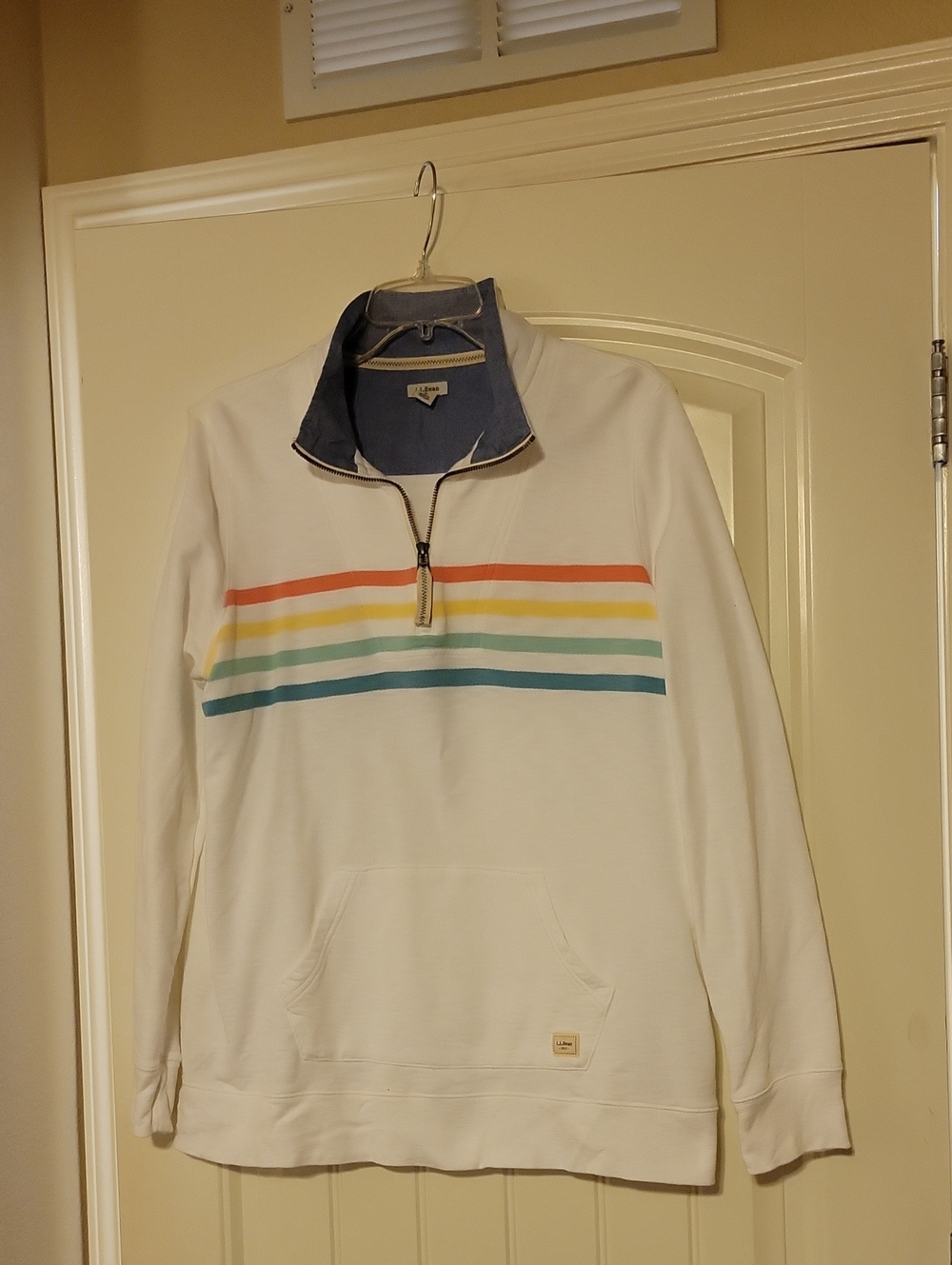 NWOT LLBean Woman's White Quarter-Zip Sweater with Rainbow Chest Stripes Size L